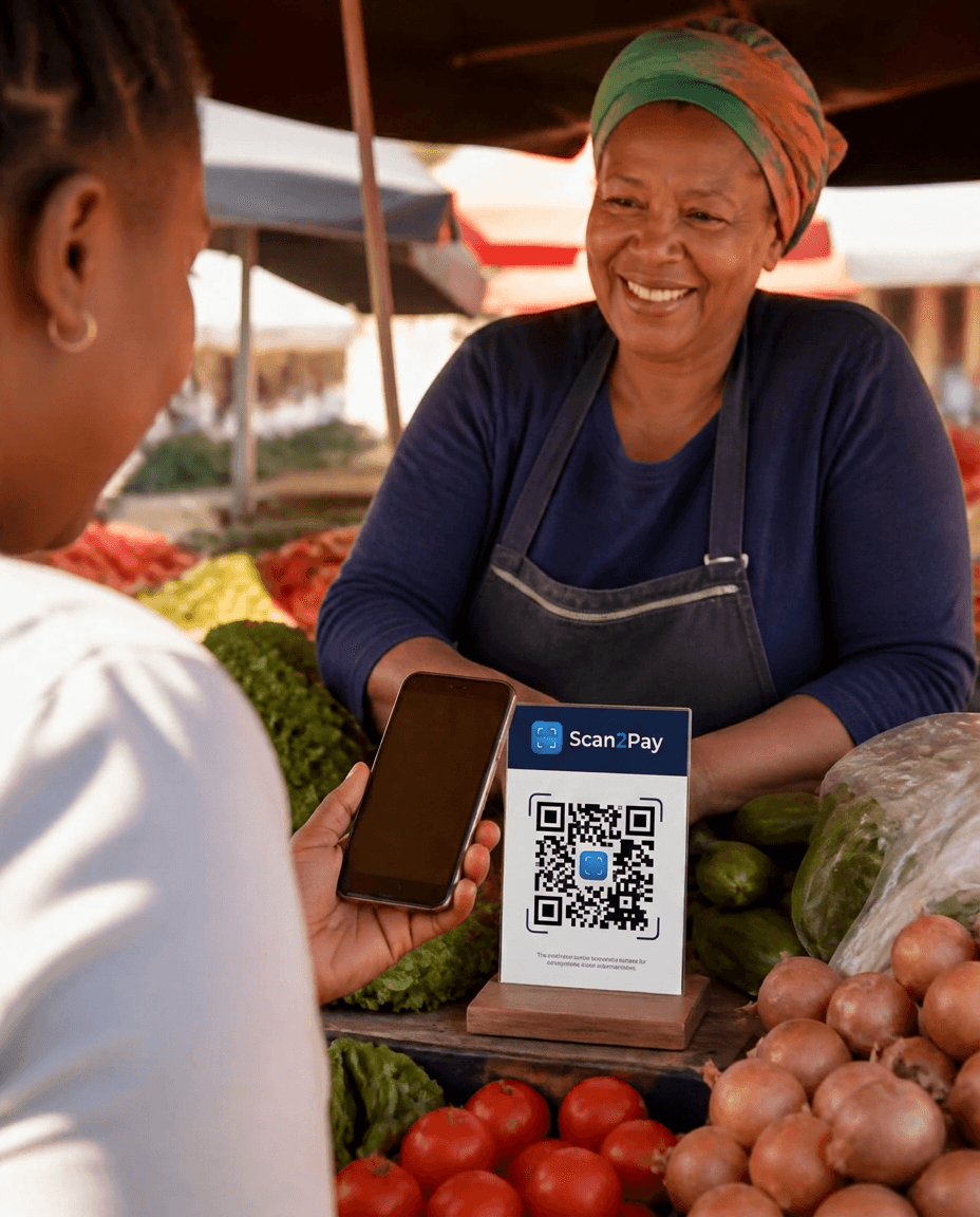 A customer scanning a market vendor's QR code with her phone to pay